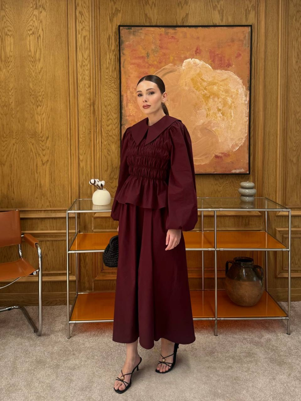 Sera Elastic Wide-Neck Skirt Co-Ord - Burgundy