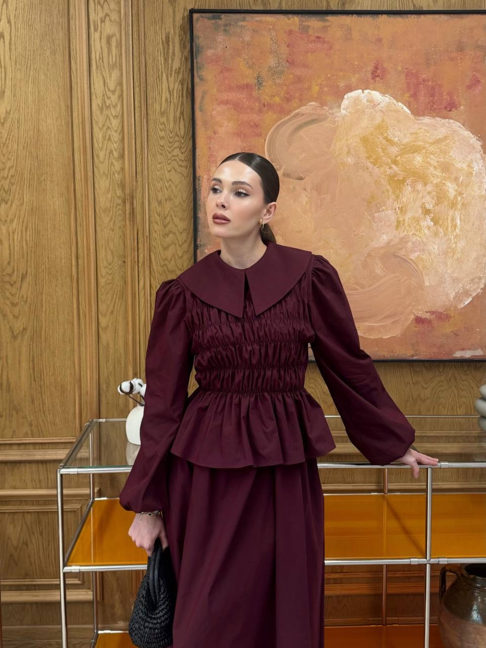 Sera Elastic Wide-Neck Skirt Co-Ord - Burgundy