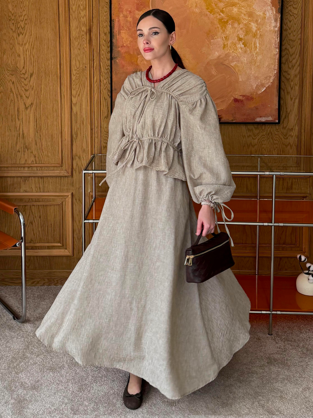 Semra Skirt co-ord with Gathered Piping Detail Mink