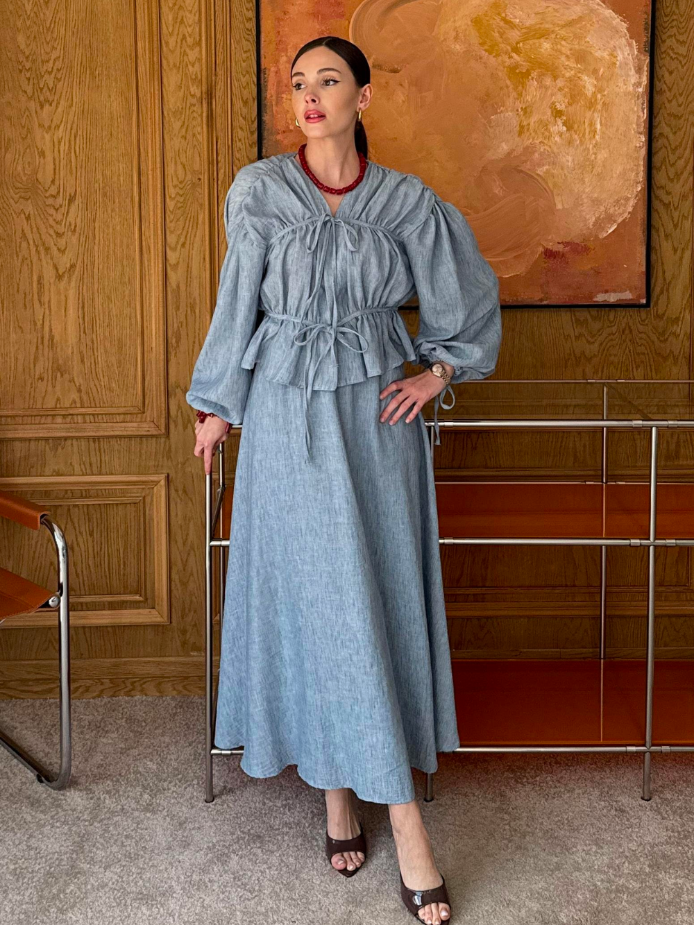 Semra Skirt co-ord with Gathered Piping Detail Blue