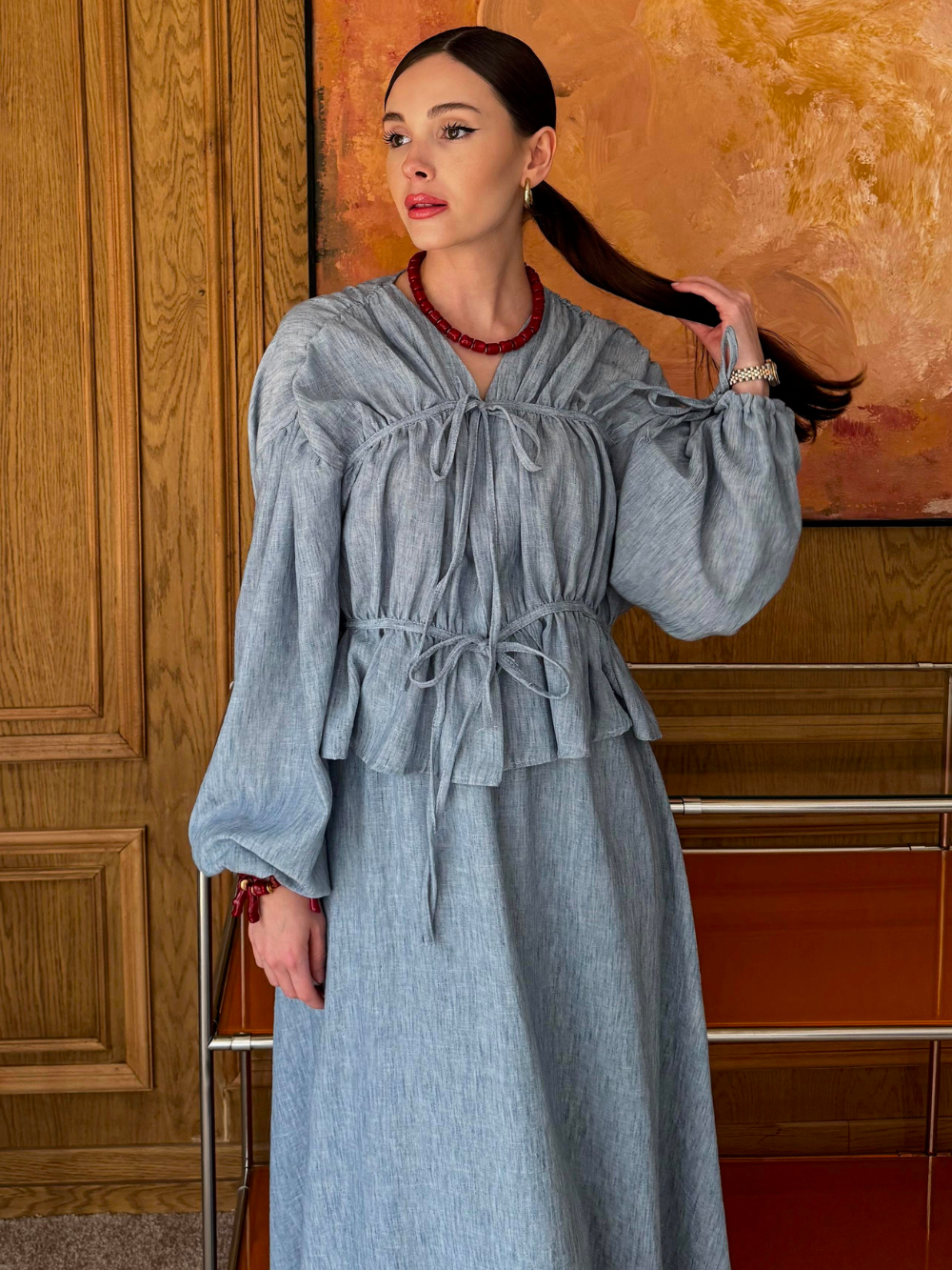 Semra Skirt co-ord with Gathered Piping Detail Blue