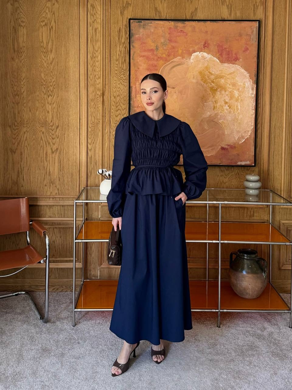 Sera Elastic Wide-Neck Skirt Co-Ord - Navy