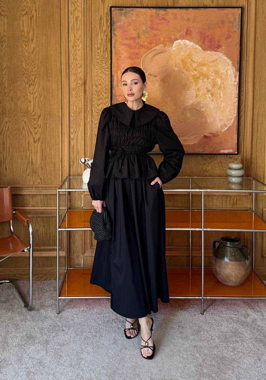 Sera Elastic Wide-Neck Skirt Co-Ord - Black