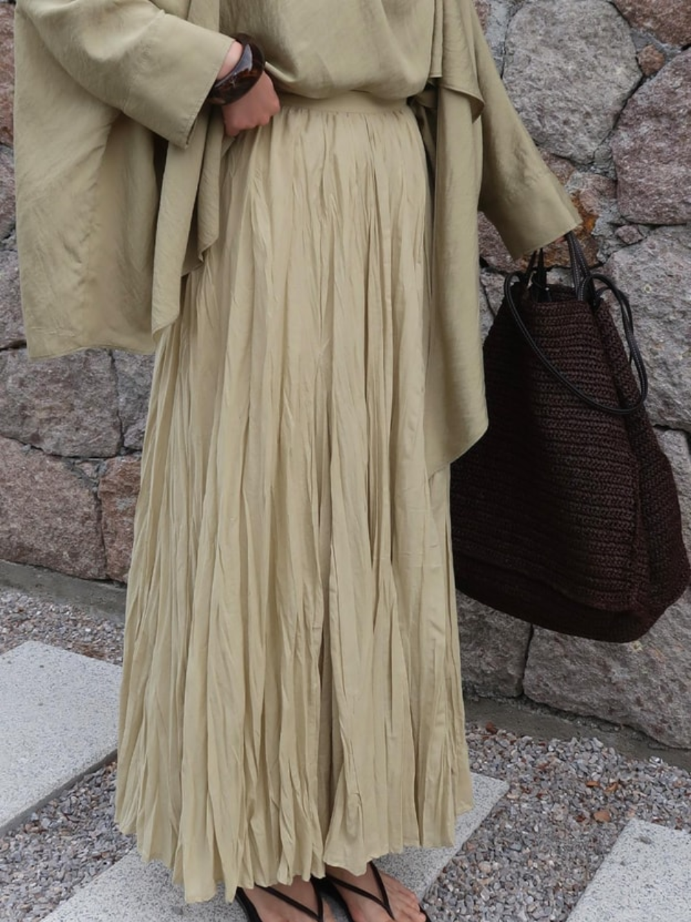 Defna Crush Pleated Skirt Olive Green