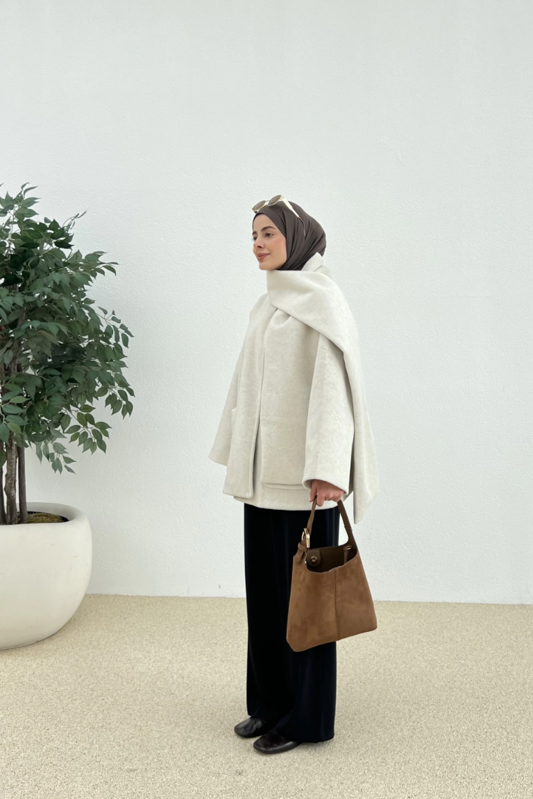 Scarf-Detail Coat Light Beige