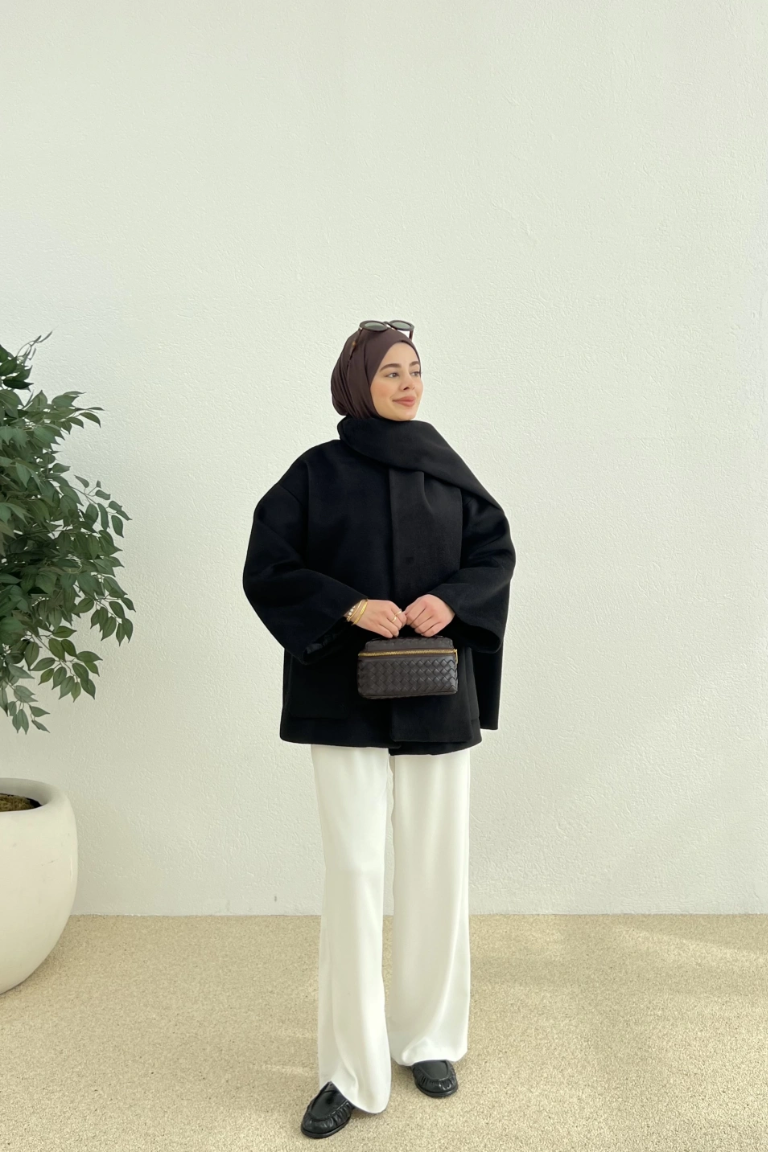 Scarf-Detail Coat Black