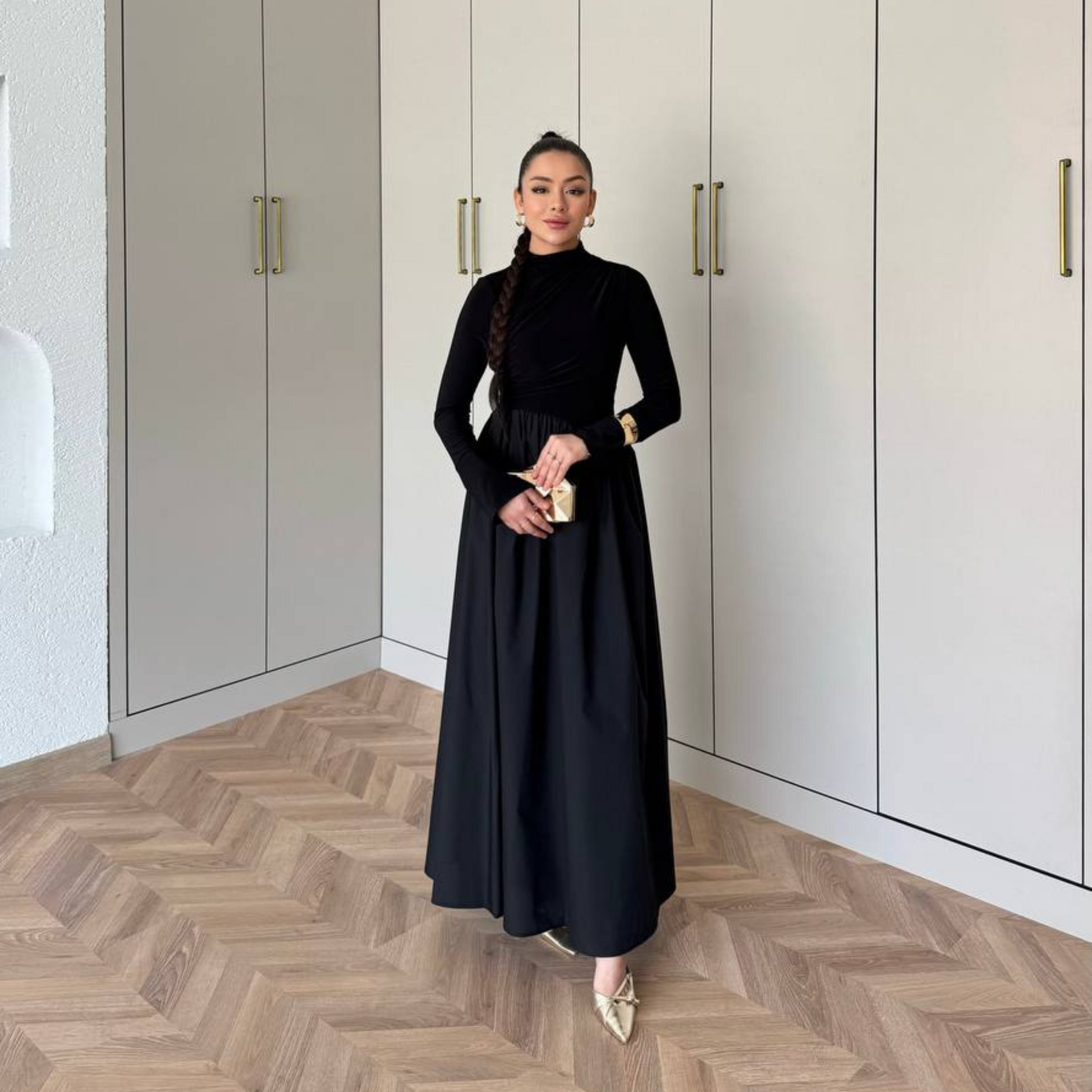 Layal Black Gathered long-sleeved Maxi dress