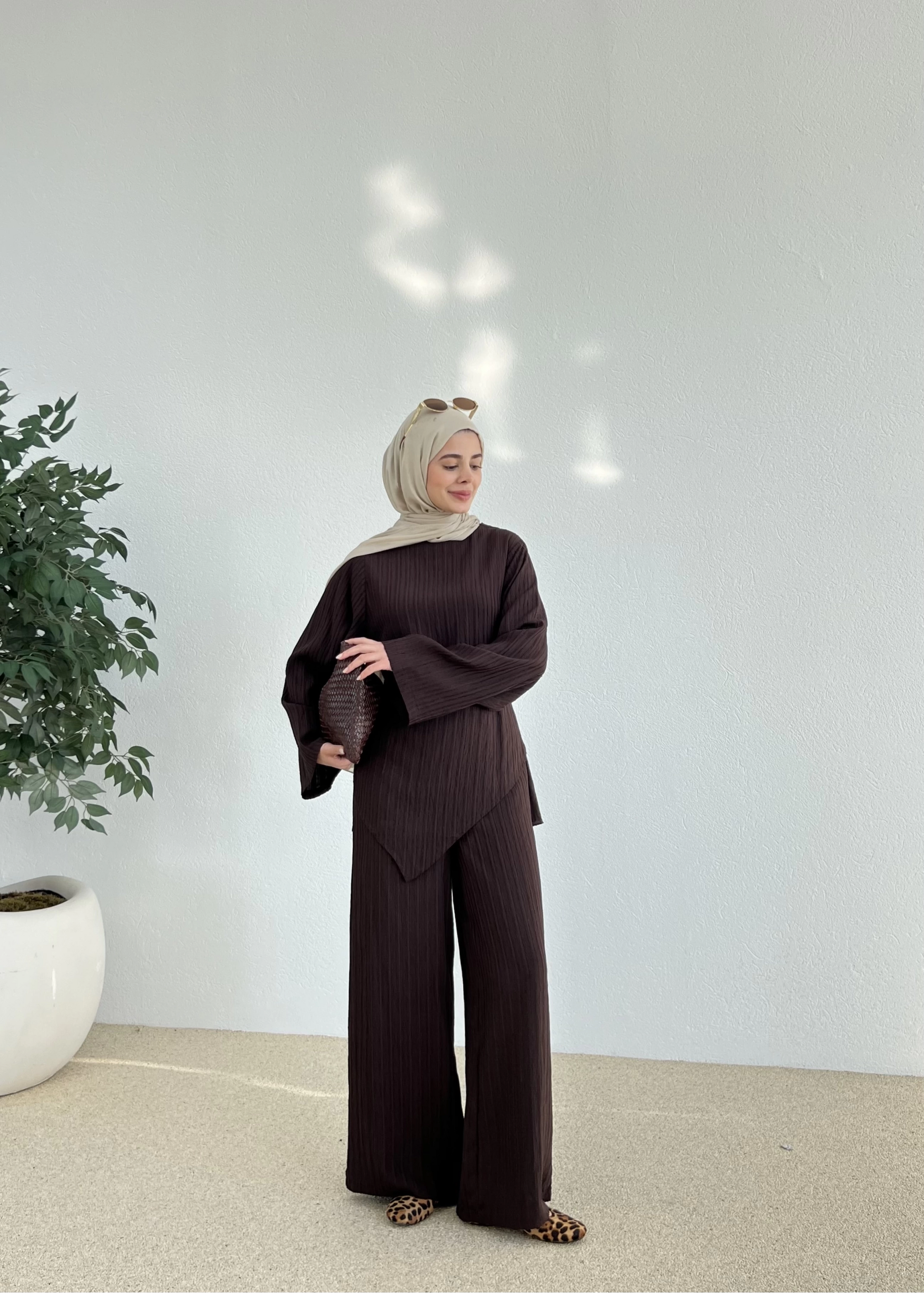 Asymmetric Striped Co-Ord Brown