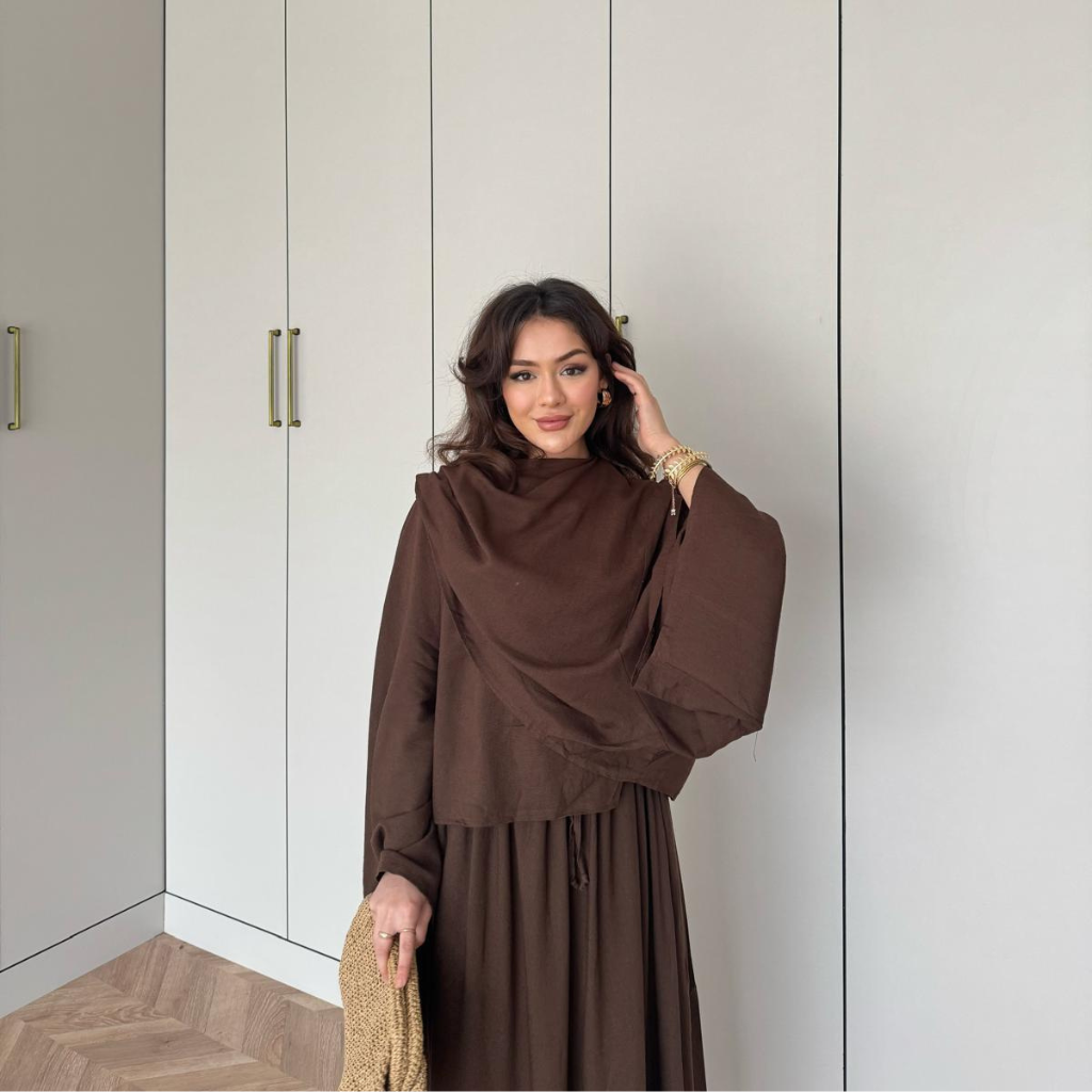 Draped Linen Scarf Detail Skirt Co-ord Brown