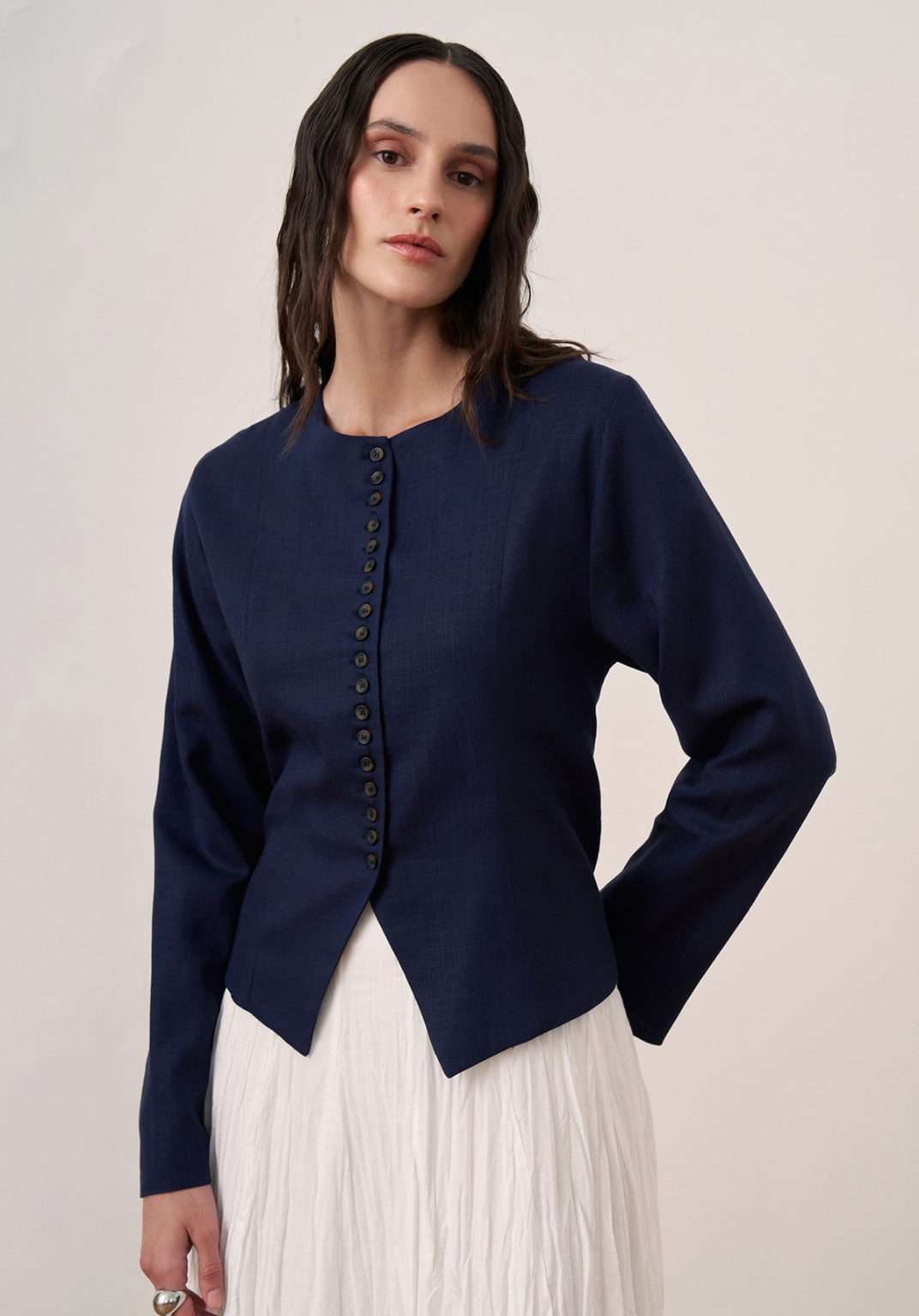Como Buttoned Linen Blazer - Navy