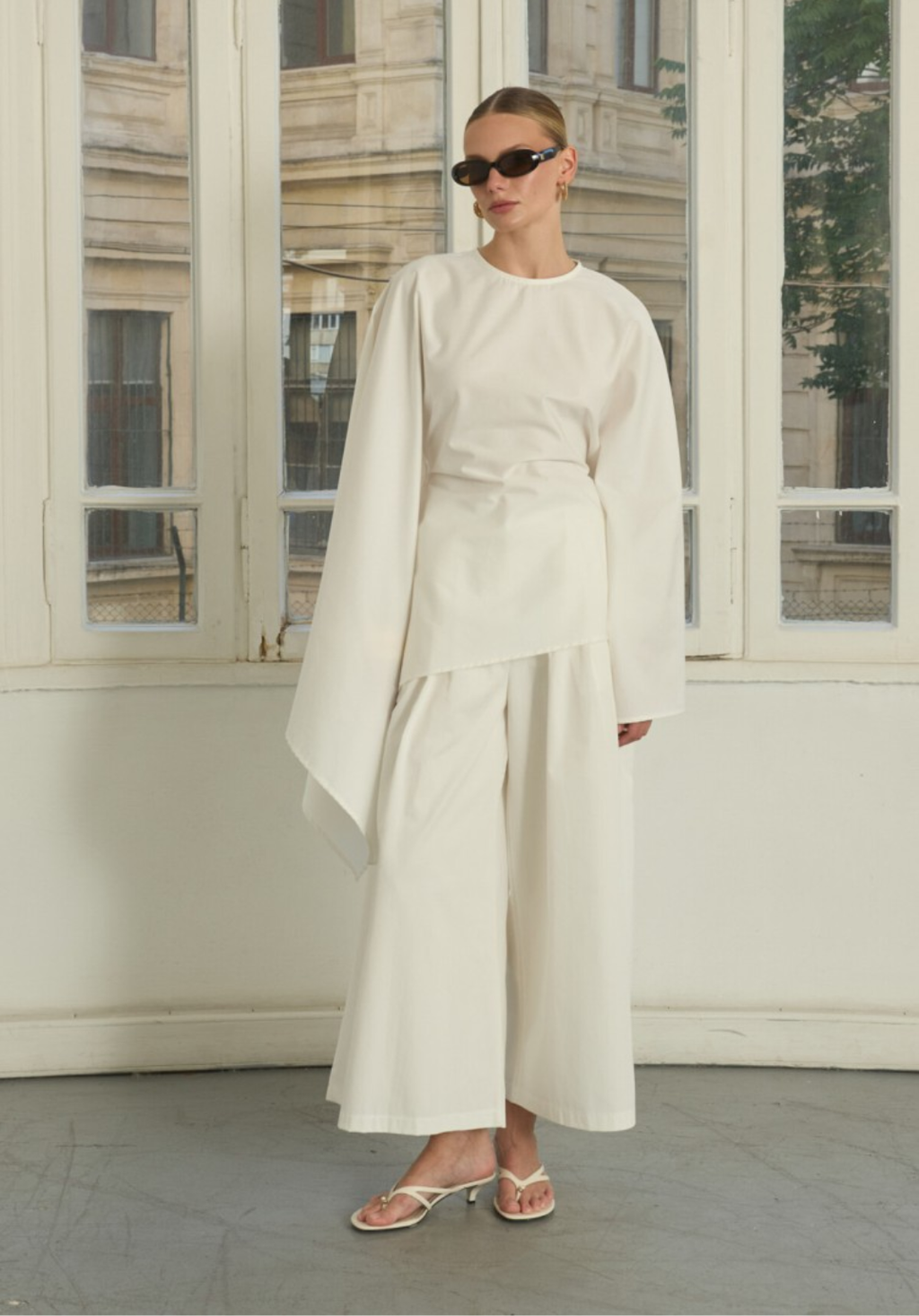 Ecru Asymmetric Poplin Blouse with Adjustable Waist