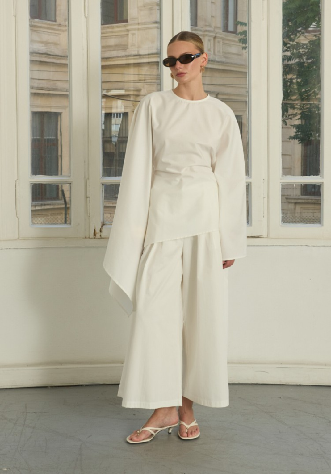 Ecru Asymmetric Poplin Blouse with Adjustable Waist