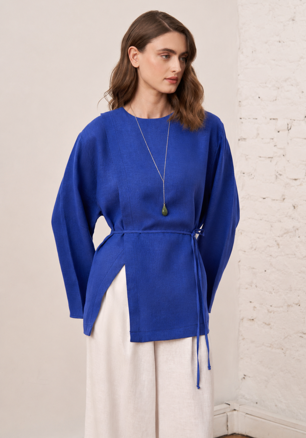 Aliza Belted Linen Blouse - Cobalt Blue