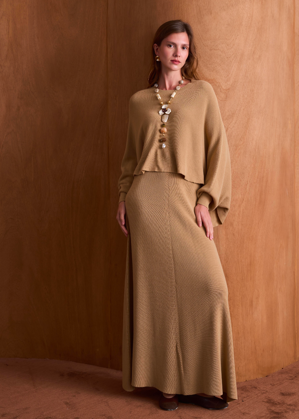 Snow Batwing Sleeve Knit Skirt Set – Camel