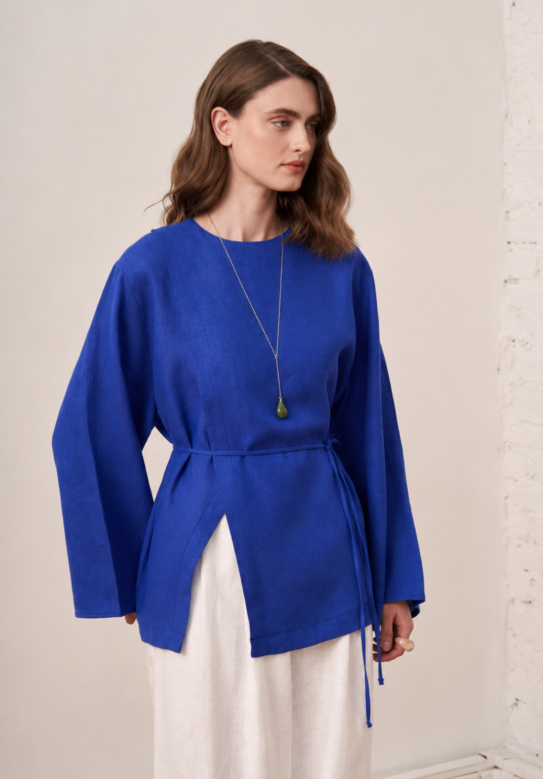 Aliza Belted Linen Blouse - Cobalt Blue
