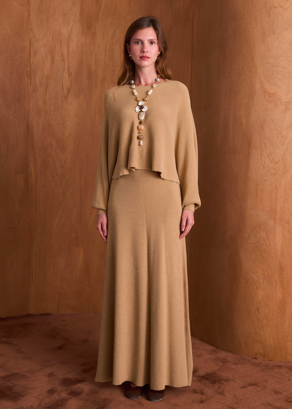 Snow Batwing Sleeve Knit Skirt Set – Camel