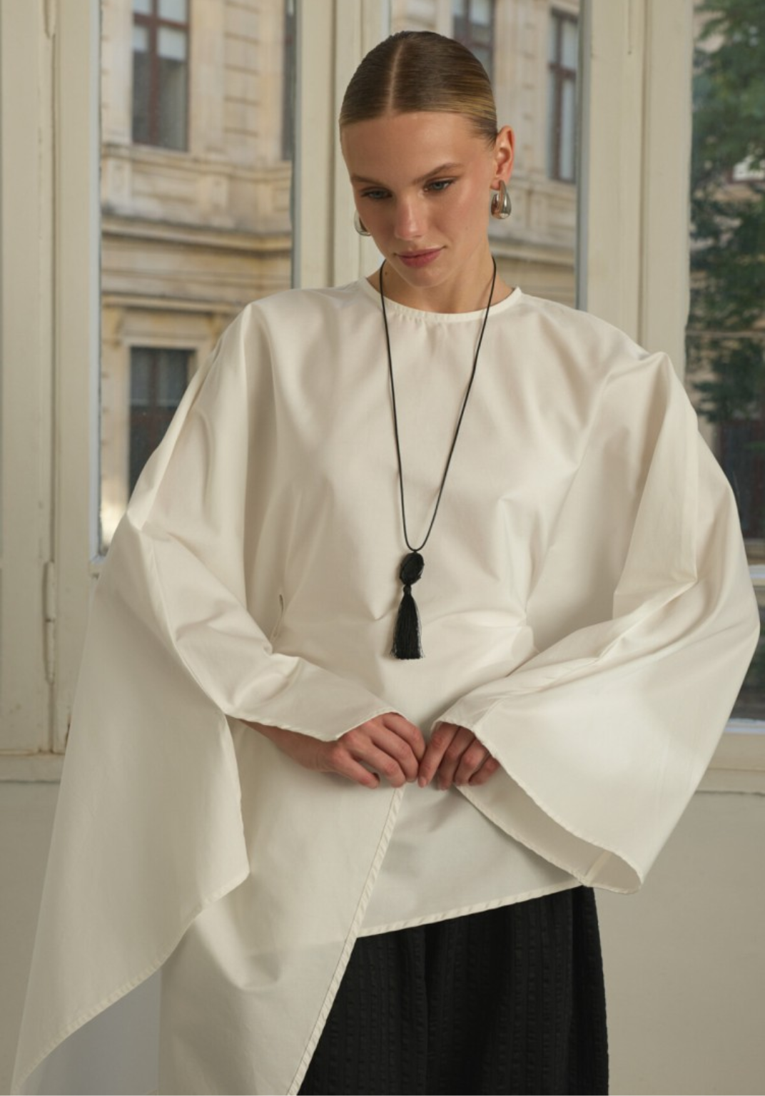 Ecru Asymmetric Poplin Blouse with Adjustable Waist