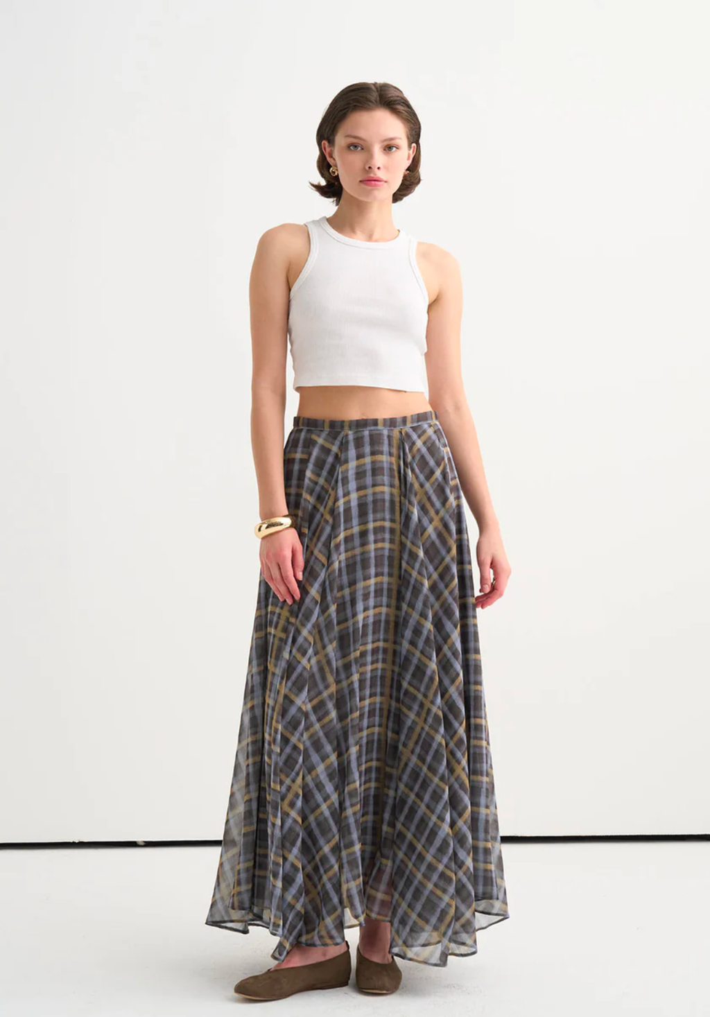 Plaid Chiffon Flared Skirt