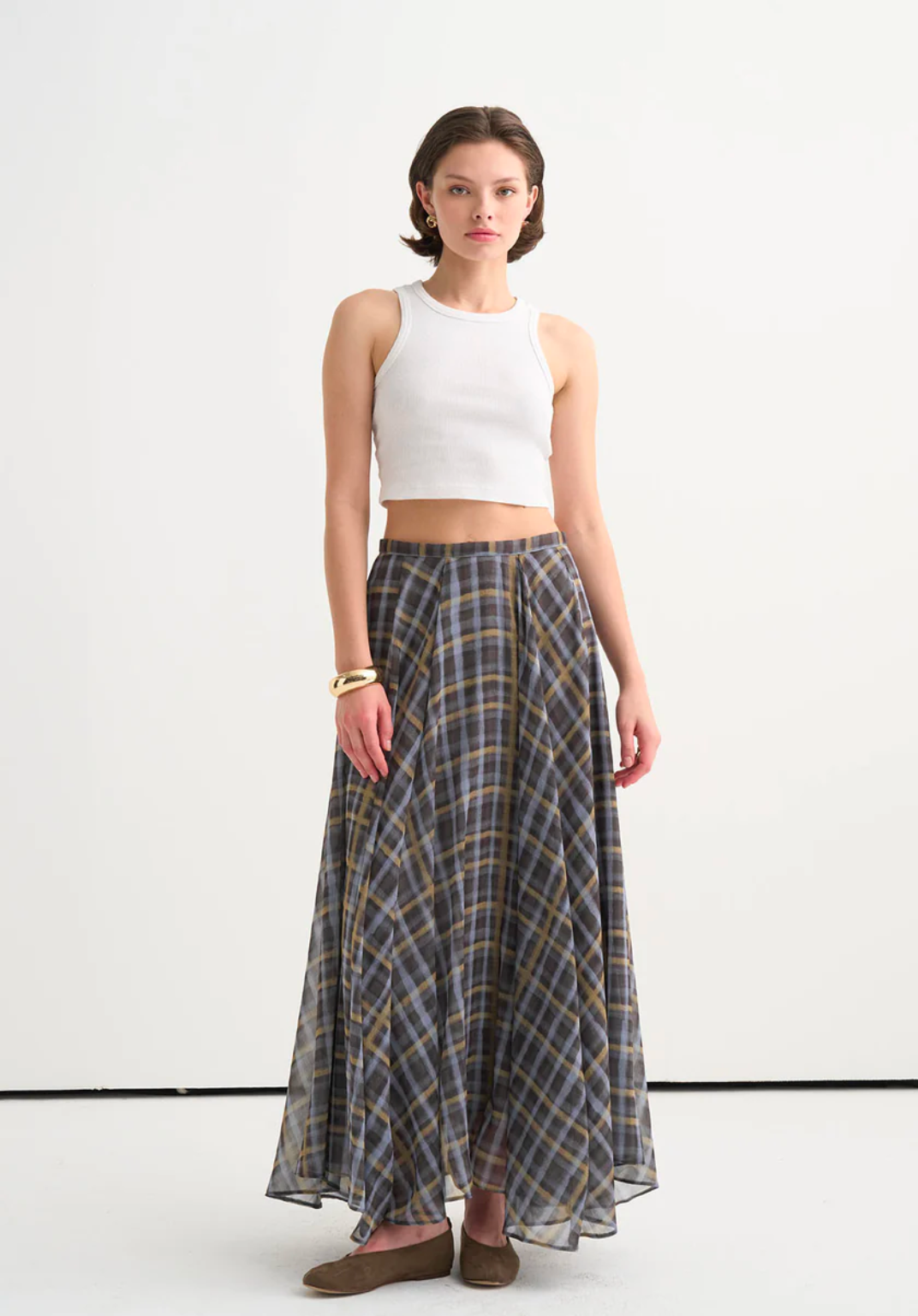 Plaid Chiffon Flared Skirt