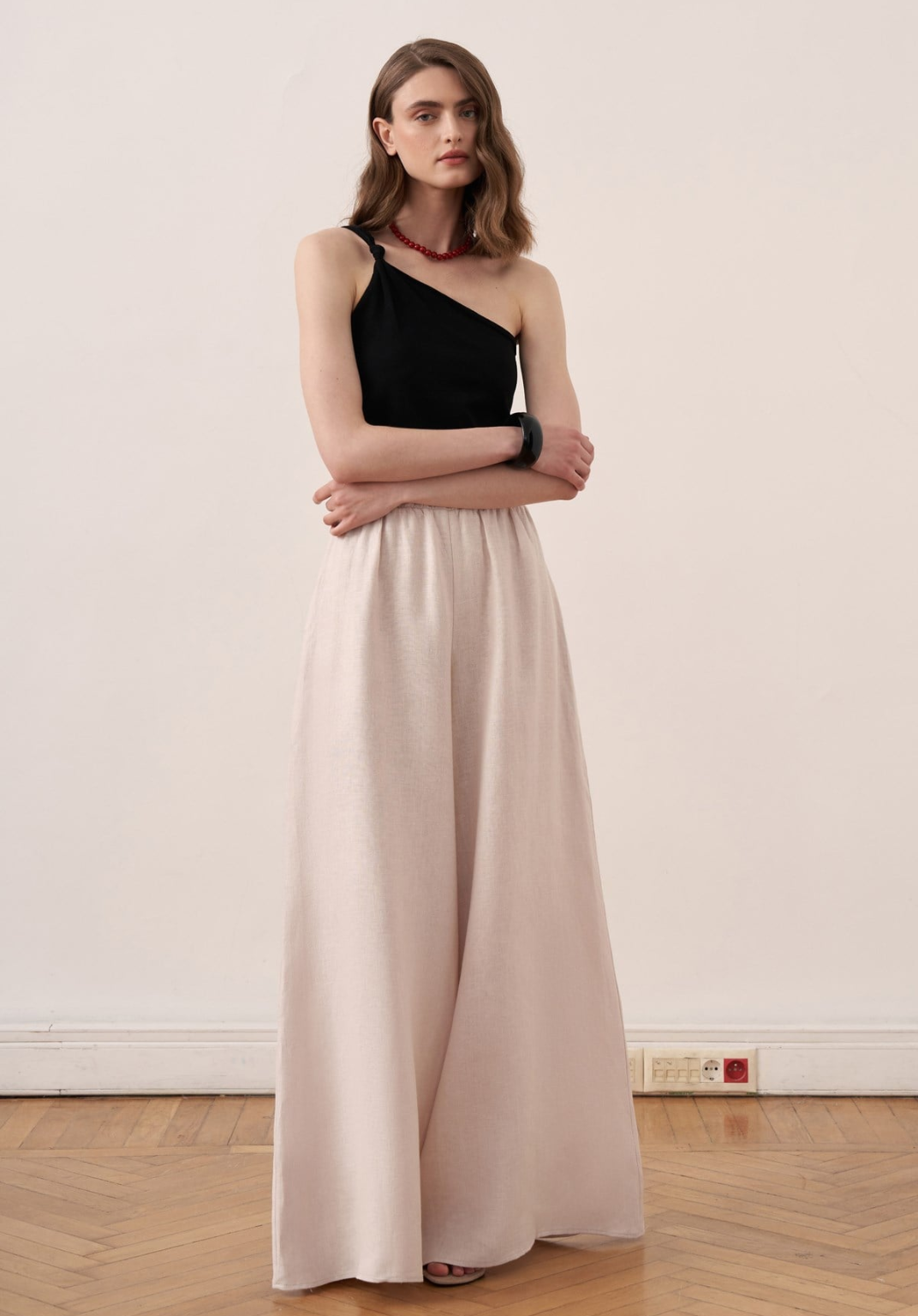 Rula Elastic Waist Linen Trousers - Stone