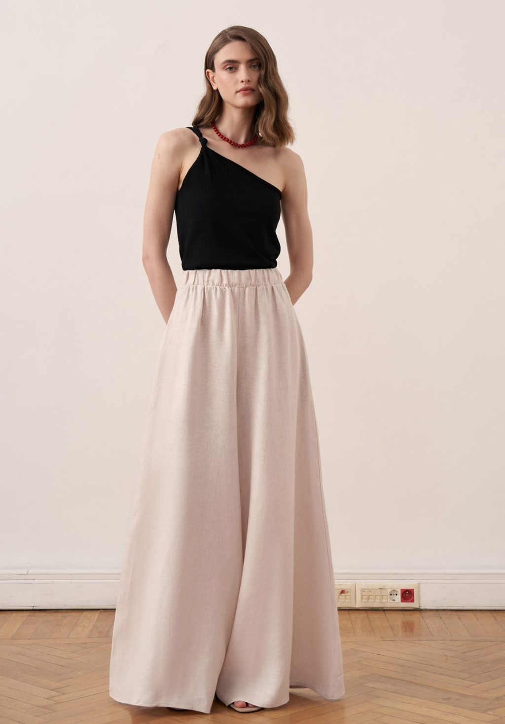 Rula Elastic Waist Linen Trousers - Stone
