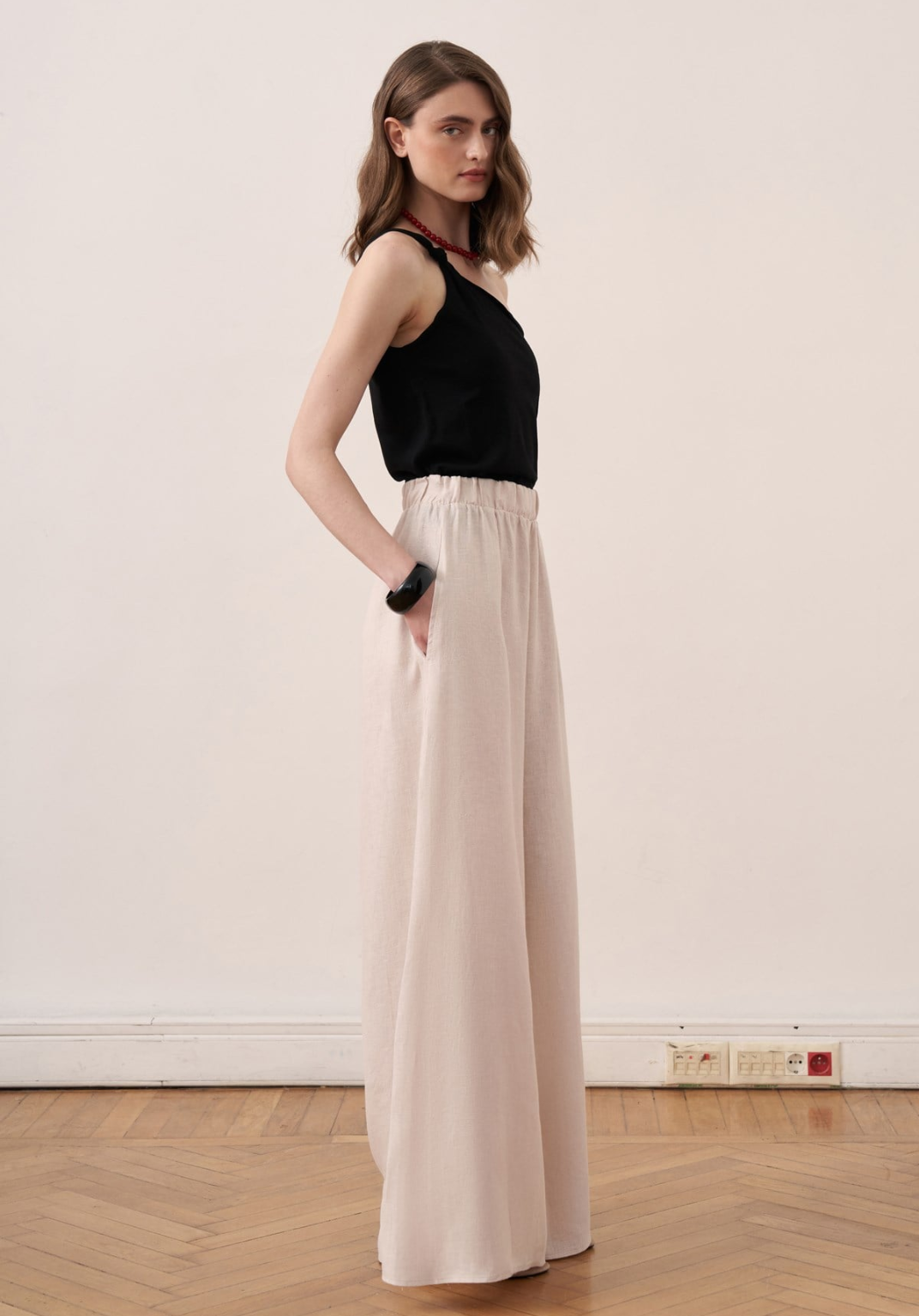 Rula Elastic Waist Linen Trousers - Stone
