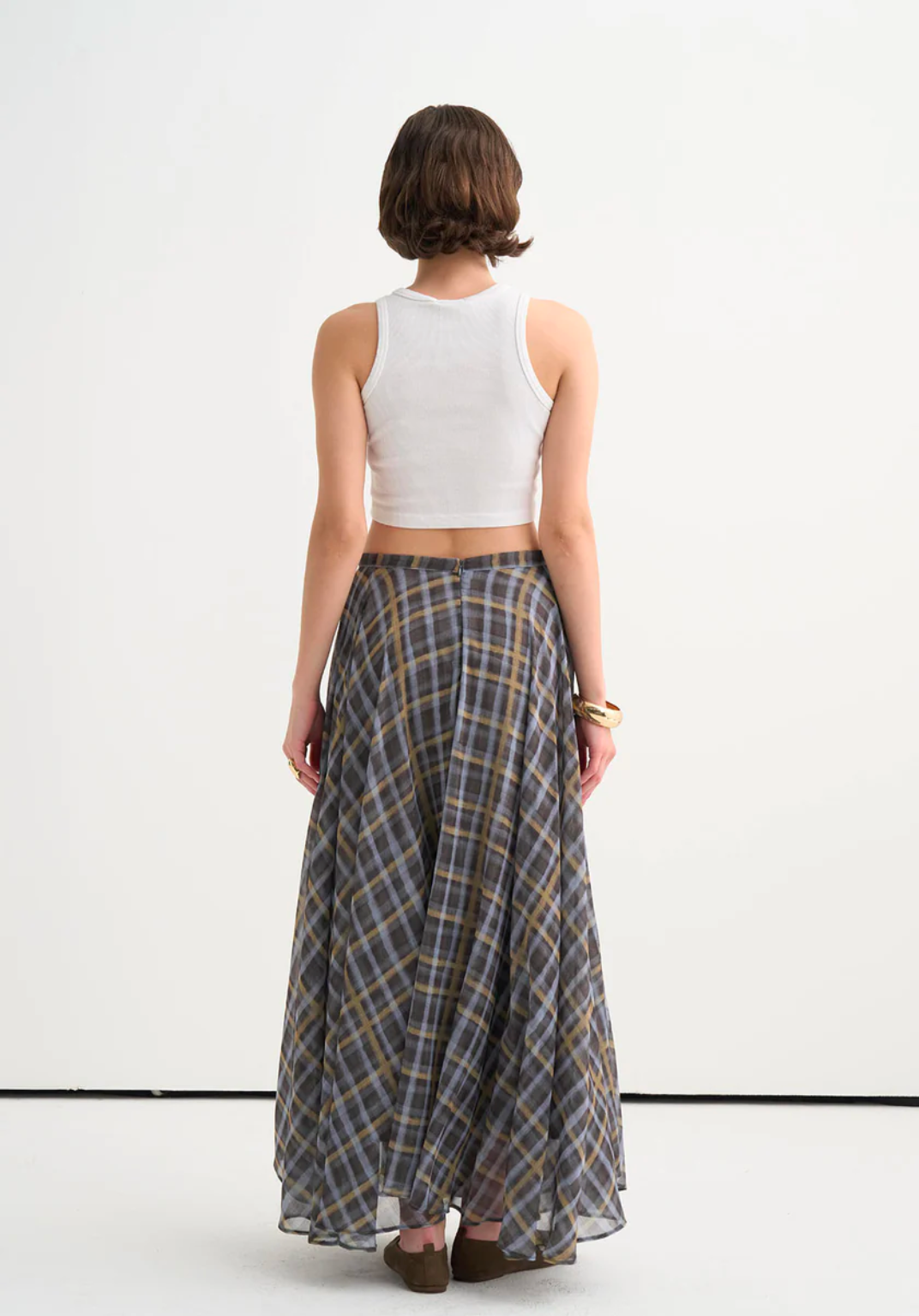Plaid Chiffon Flared Skirt
