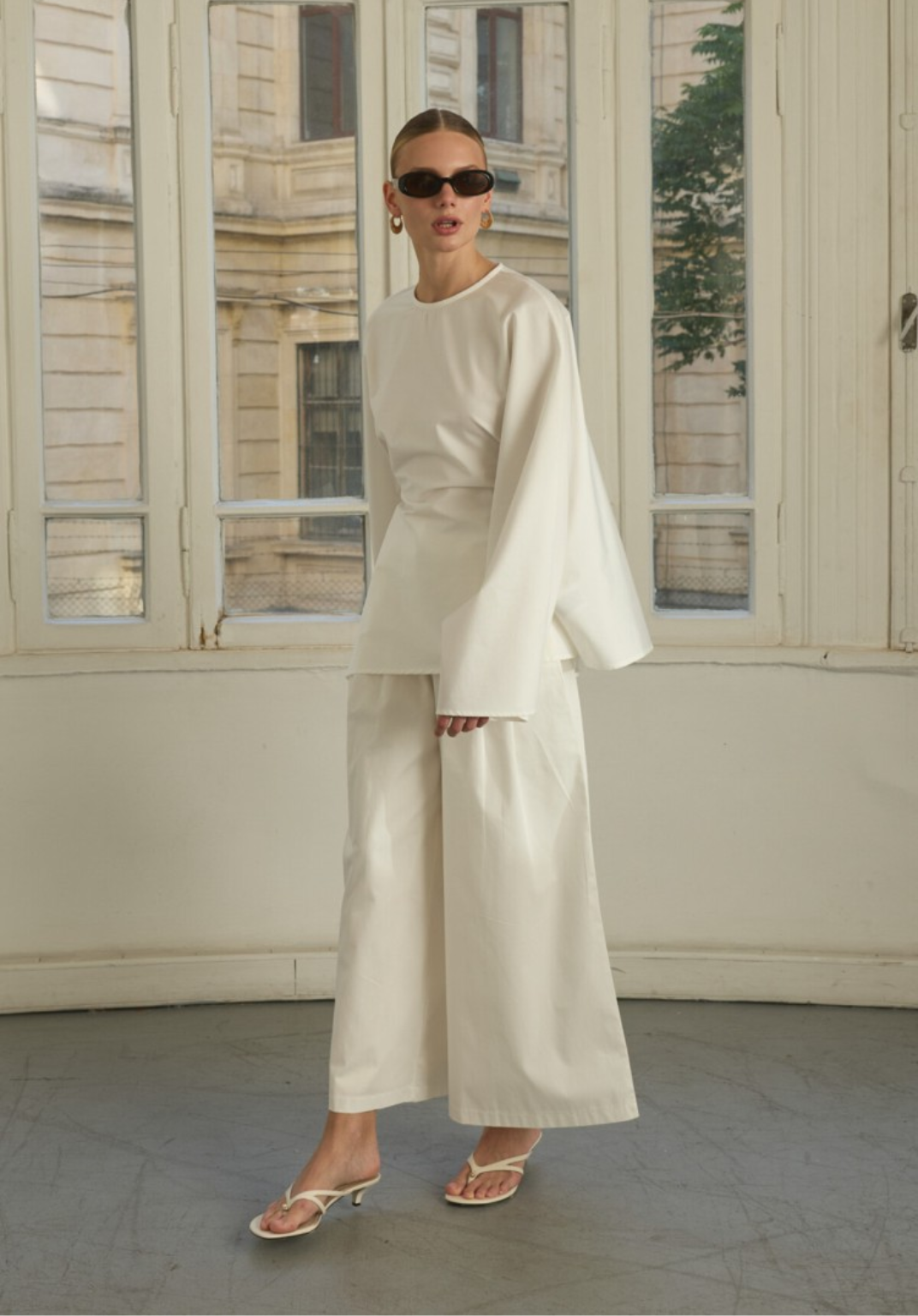 Ecru Asymmetric Poplin Blouse with Adjustable Waist