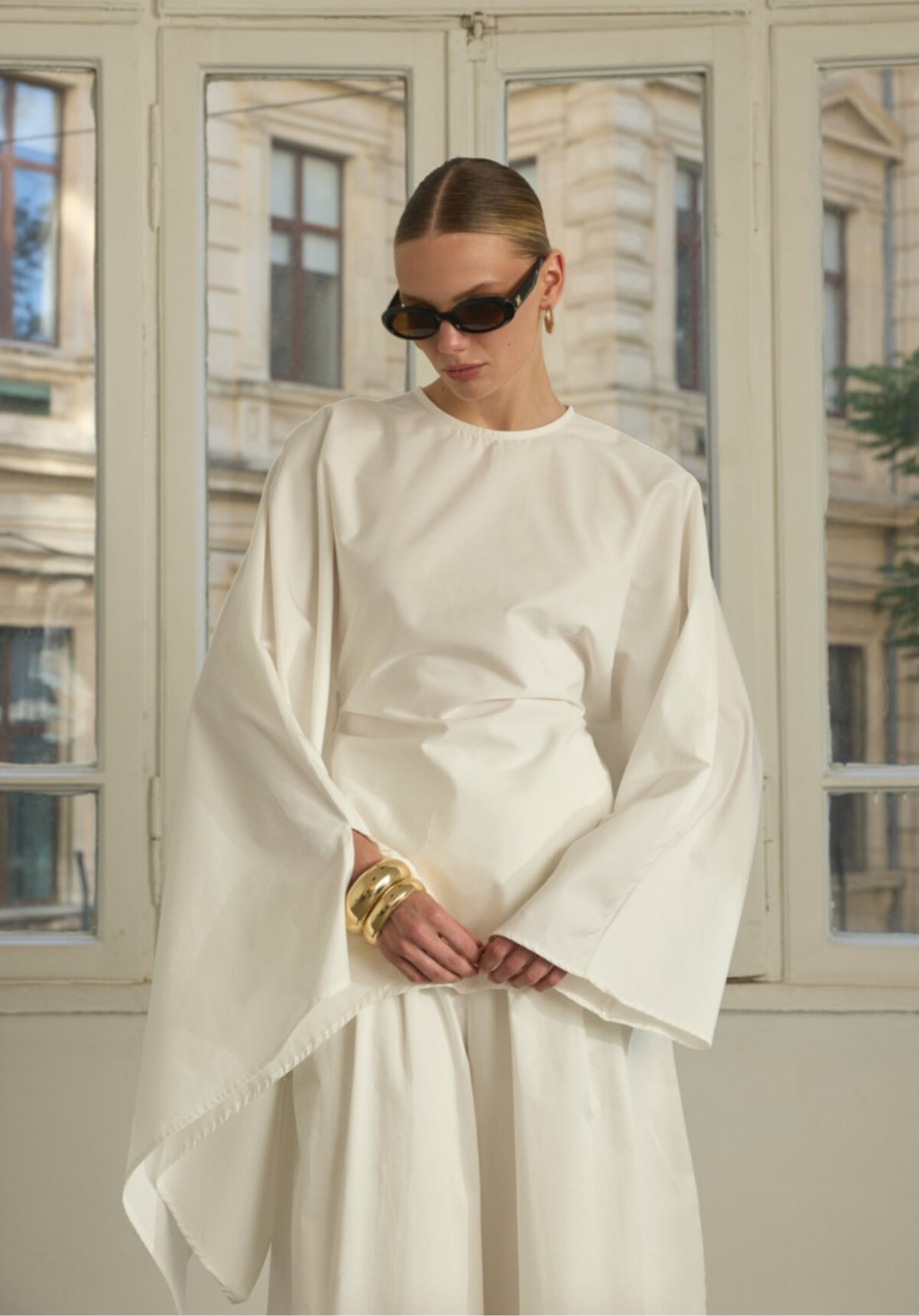 Ecru Asymmetric Poplin Blouse with Adjustable Waist