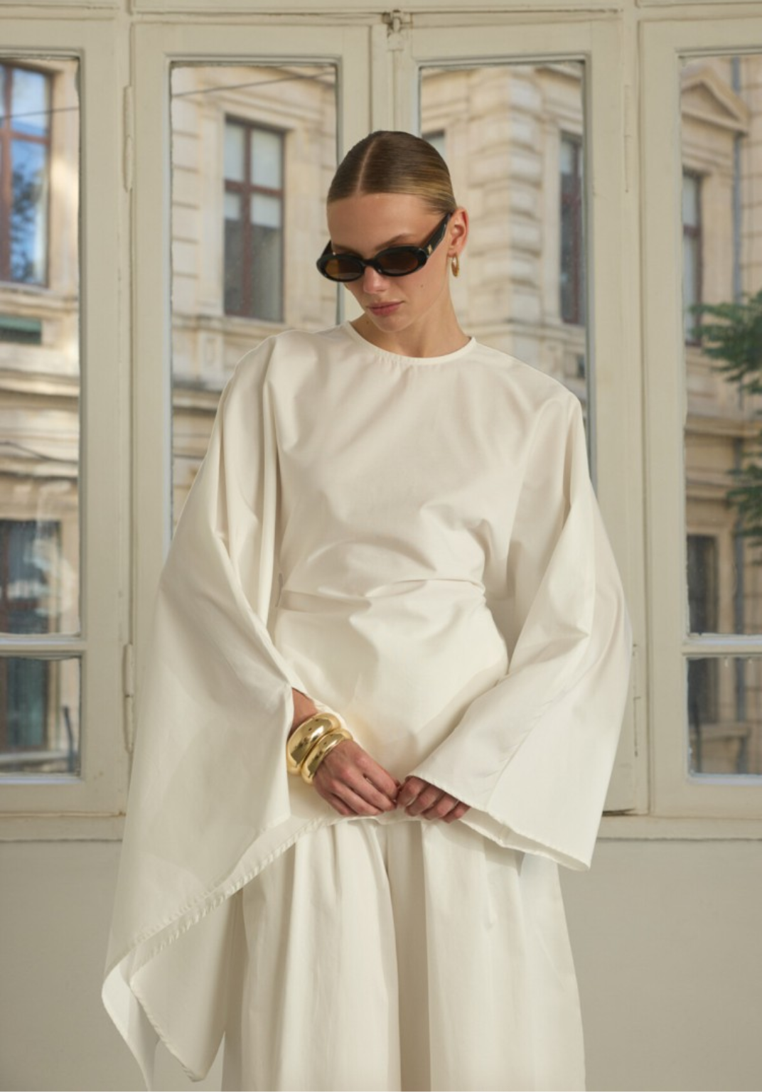 Ecru Asymmetric Poplin Blouse with Adjustable Waist