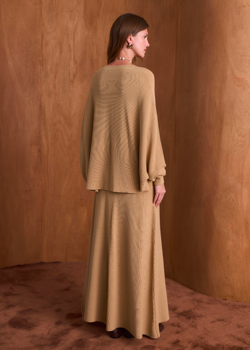 Snow Batwing Sleeve Knit Skirt Set – Camel