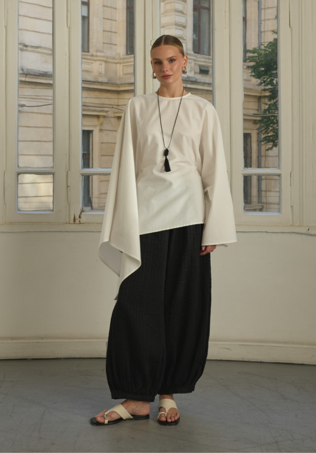 Ecru Asymmetric Poplin Blouse with Adjustable Waist