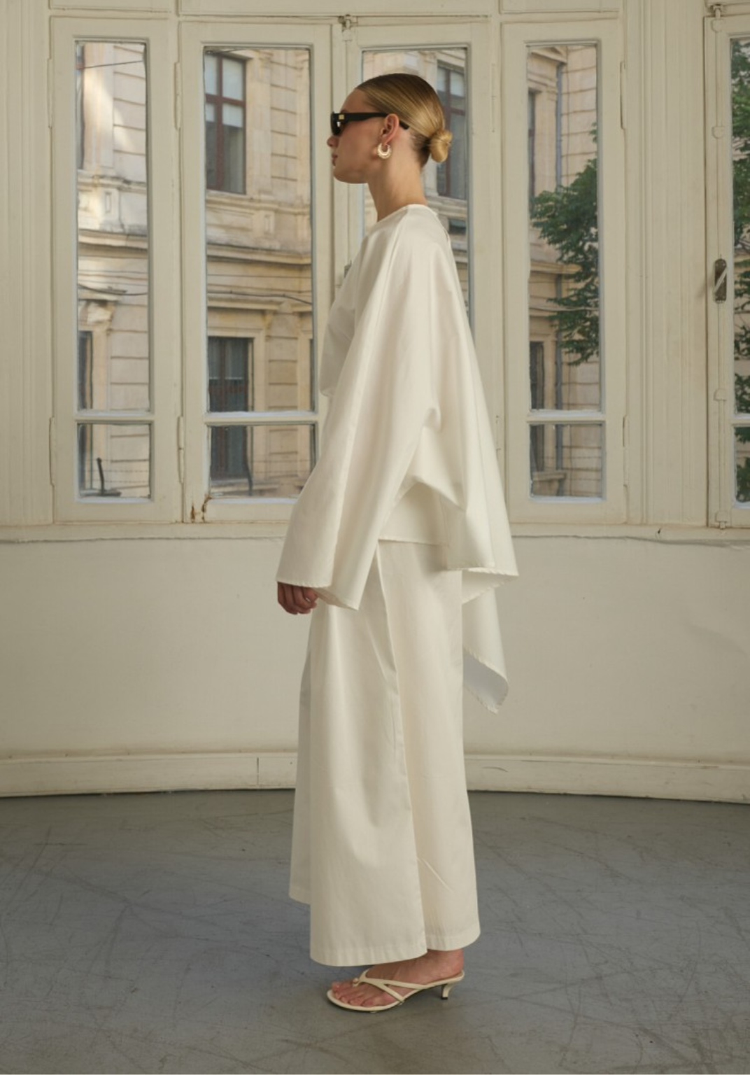 Ecru Asymmetric Poplin Blouse with Adjustable Waist