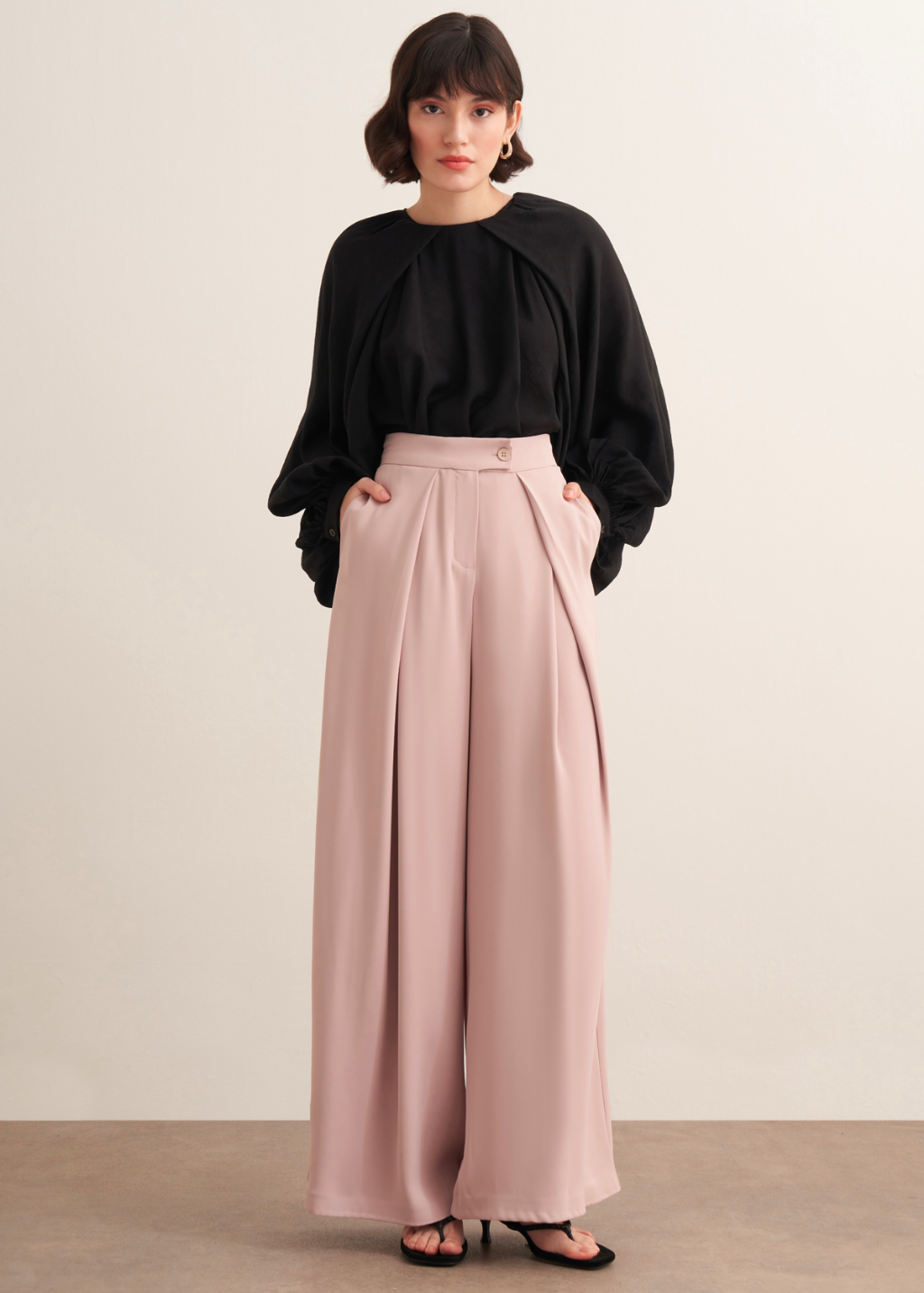 Lena Ruffled Wide Leg Trousers Beige