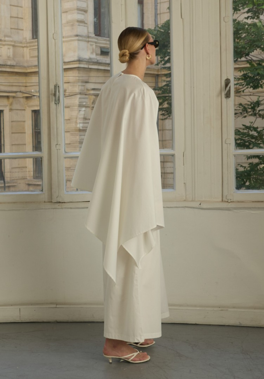 Ecru Asymmetric Poplin Blouse with Adjustable Waist