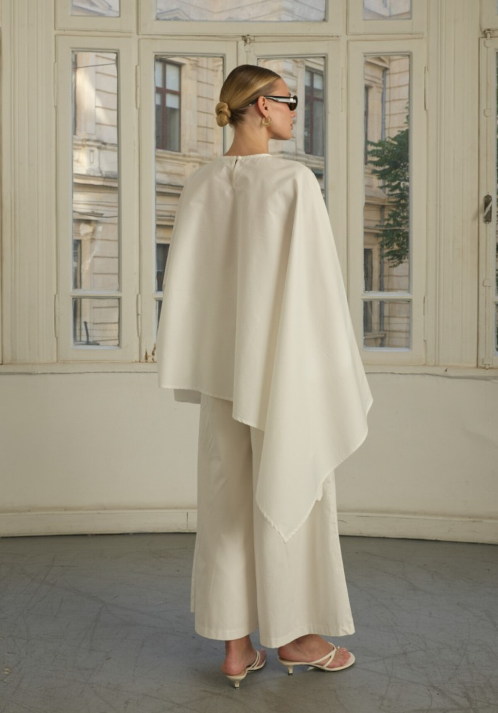 Ecru Asymmetric Poplin Blouse with Adjustable Waist