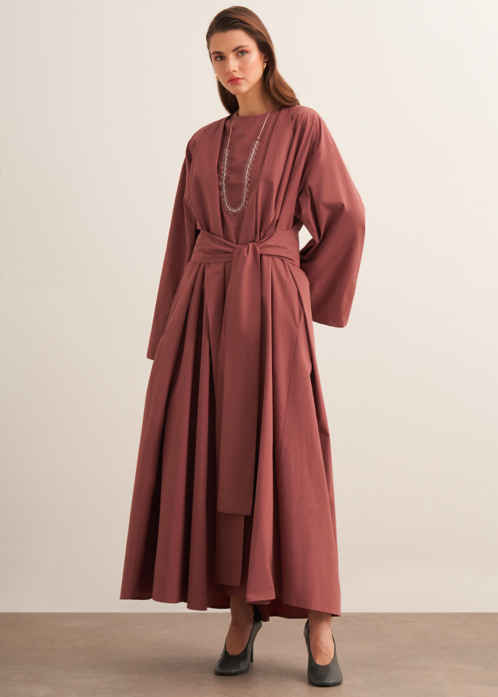 Ines Premium Longline Kimono Co-Ord - Reddish Brown