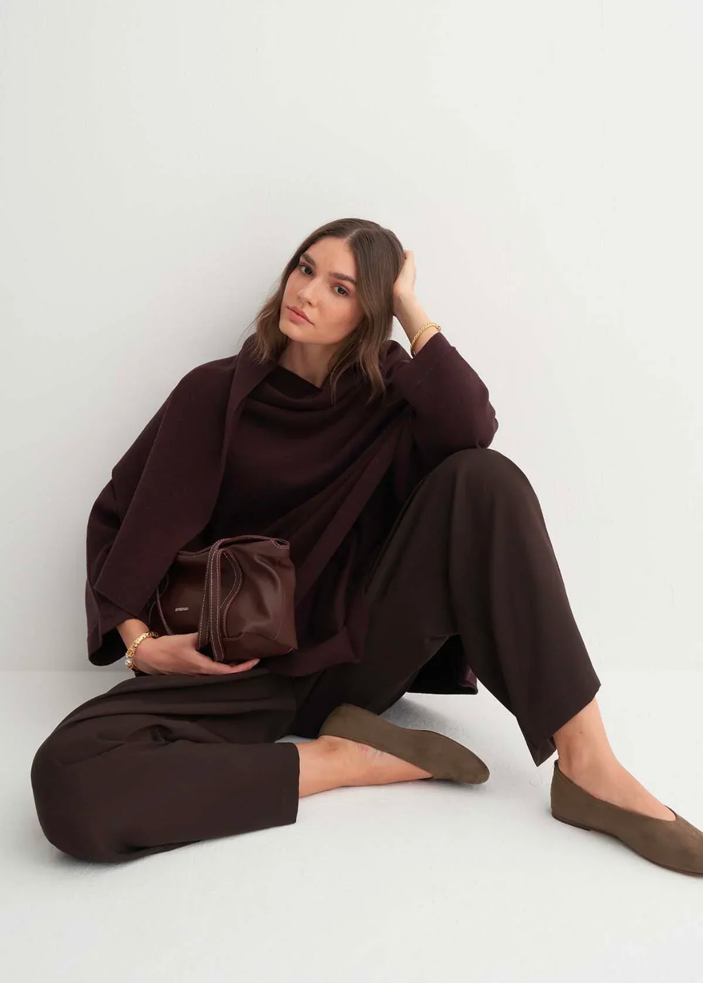 Knit Cardigan with Scarf Detail Brown