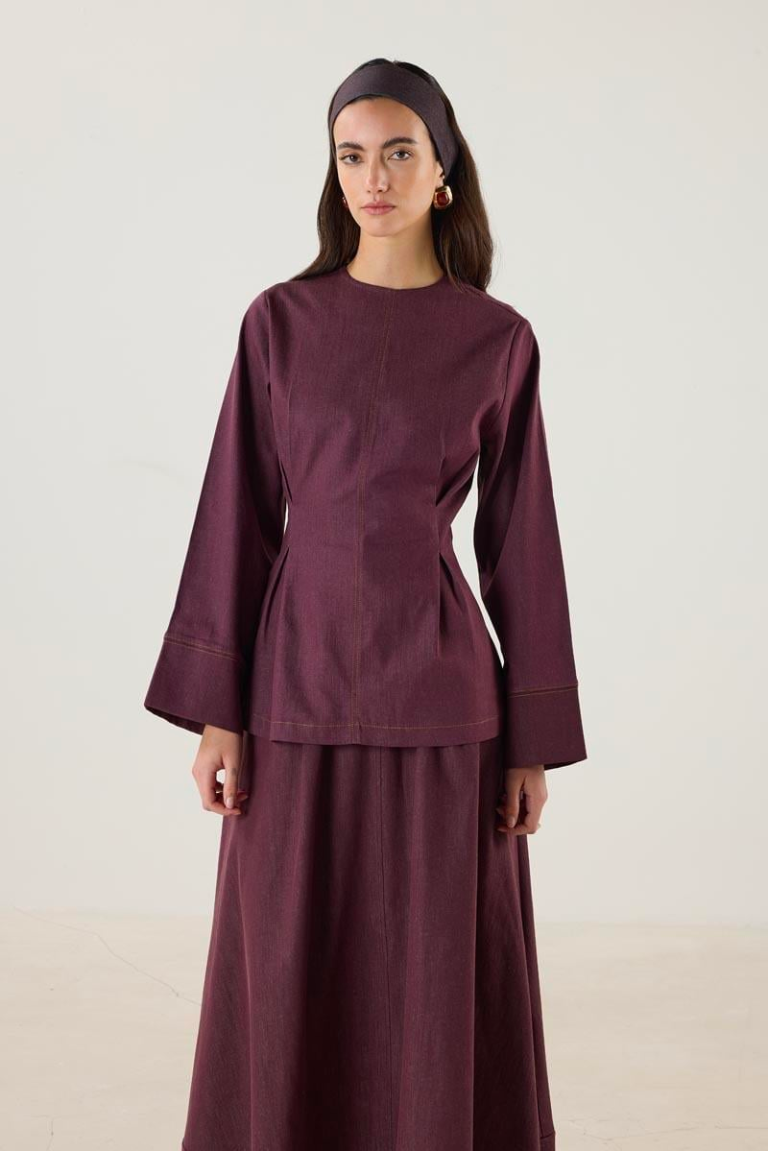 Crew Neck Pleated Denim Blouse – Burgundy