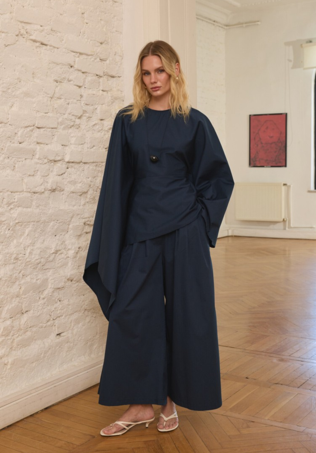 Navy Asymmetric Poplin Blouse with Adjustable Waist