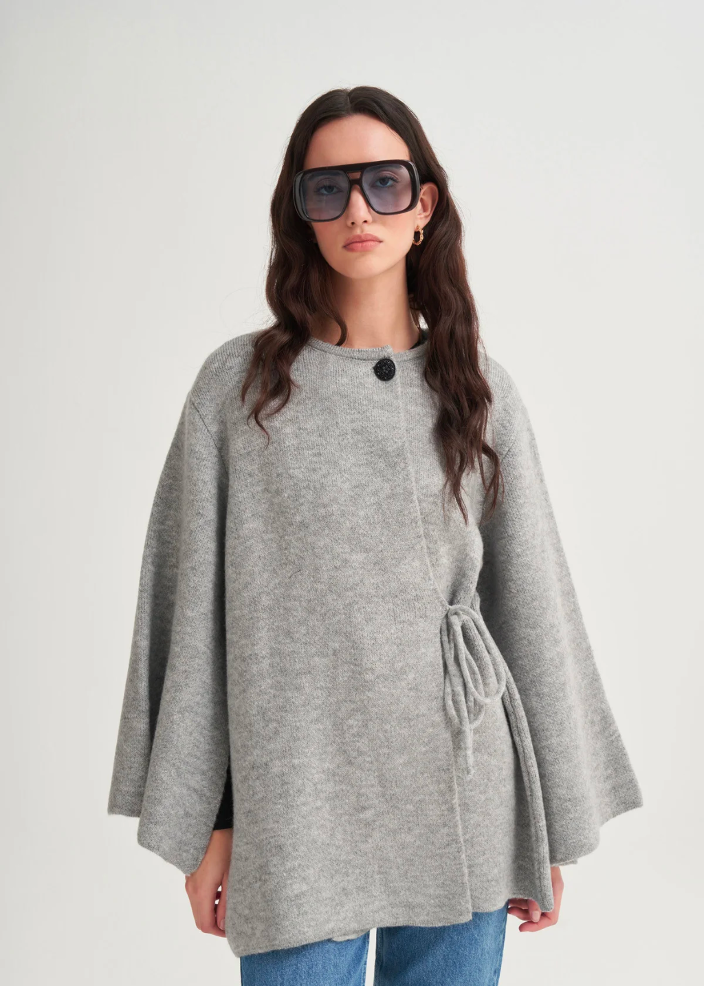 Knit Cardigan with Lace-Up Detail Grey
