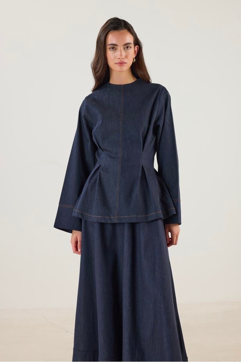 Crew Neck Pleated Denim Blouse – Navy