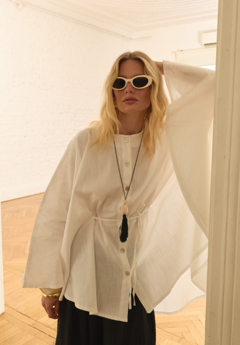Ecru Draped Cape-Style Oversized Shirt