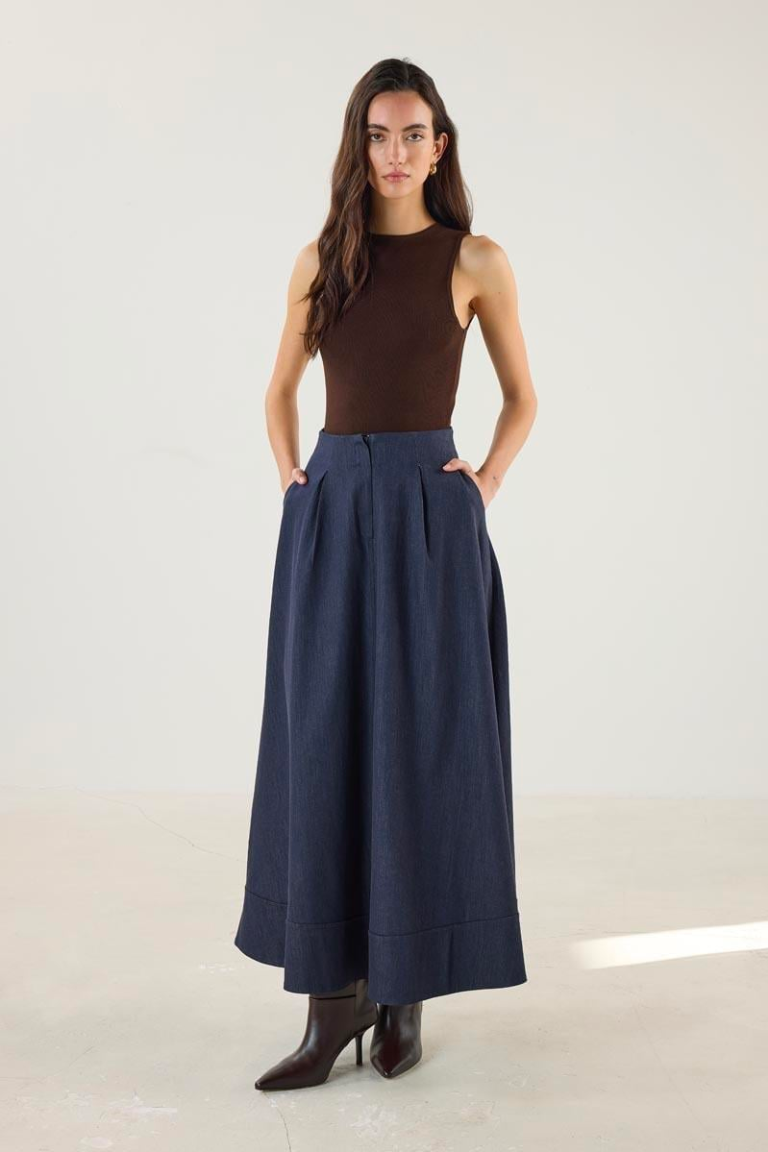 Denim Skirt with Flared Hem and Panel Detailing - Navy
