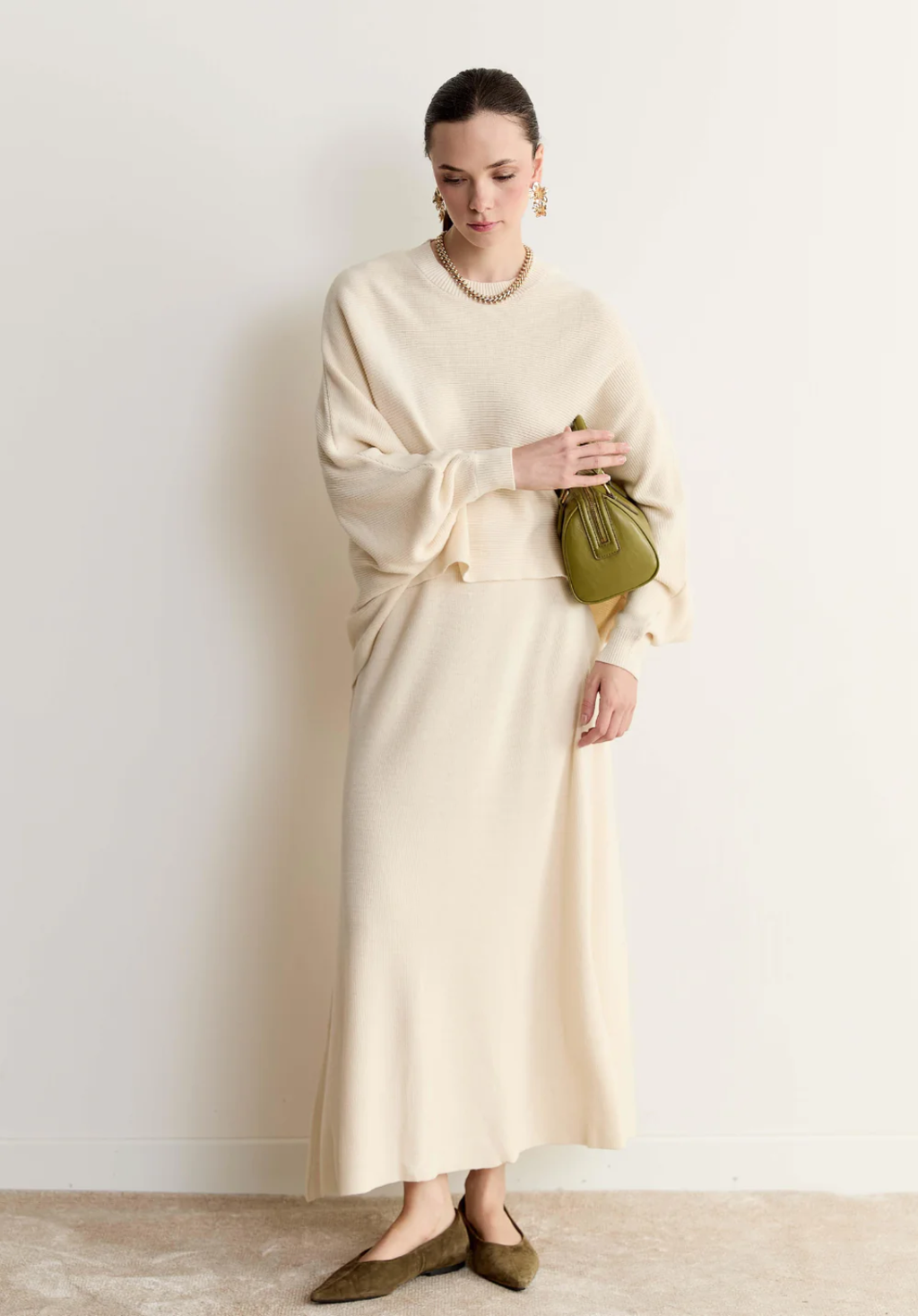 Snow Batwing Sleeve Knit Skirt Set – Ecru