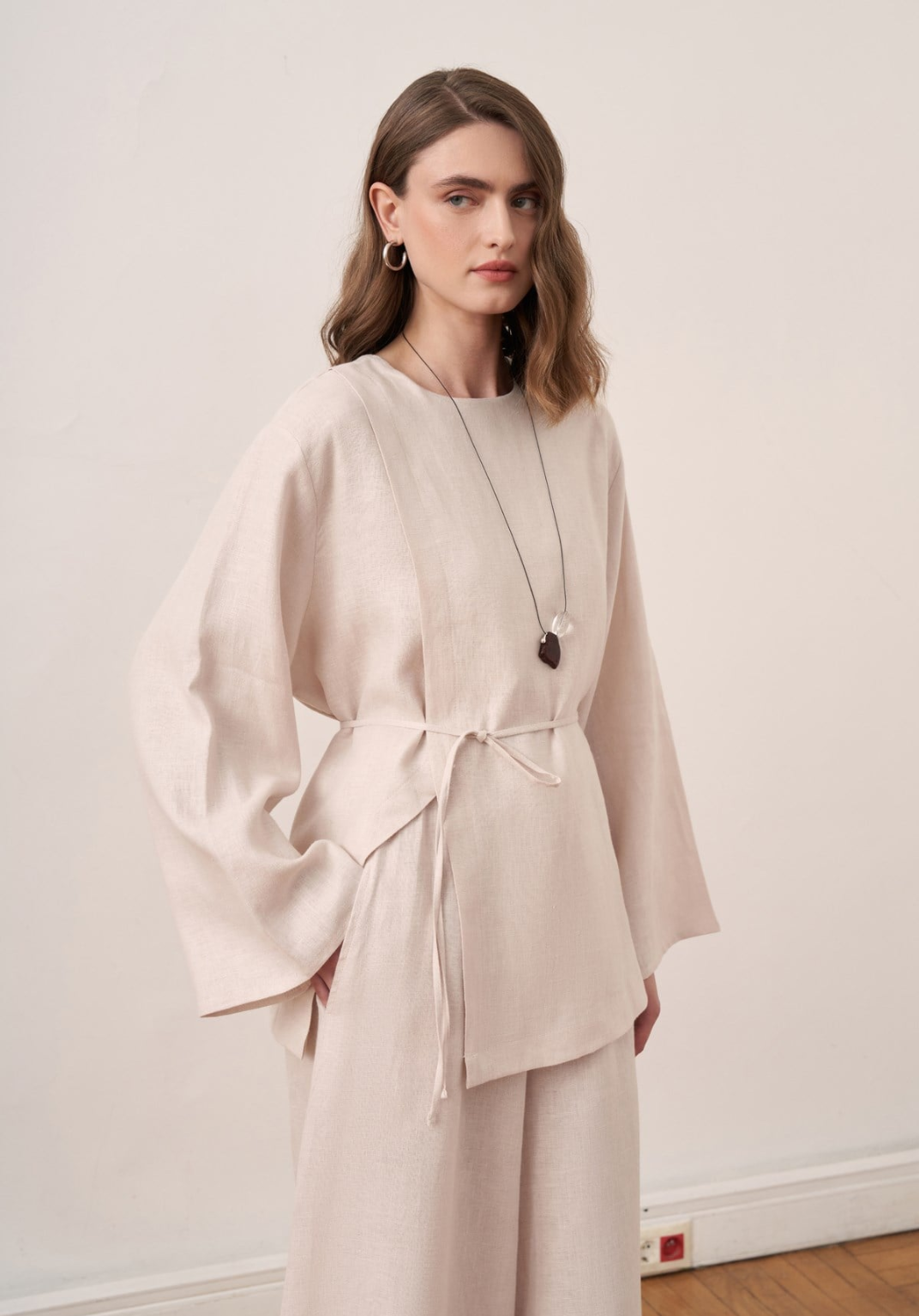 Aliza Belted Linen Blouse - Stone