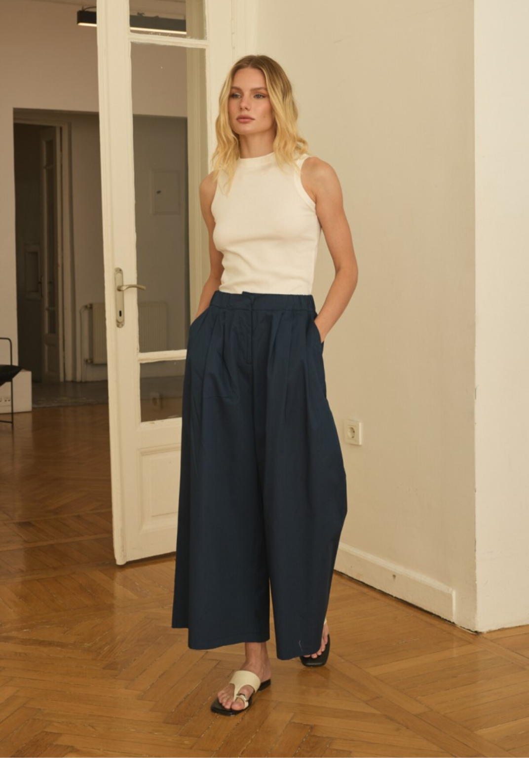 Navy Front-Pleated Culotte Trousers