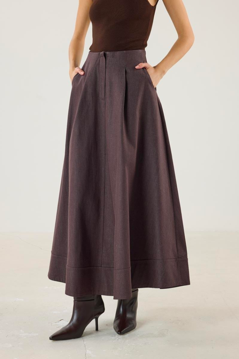 Denim Skirt with Flared Hem and Panel Detailing - Brown