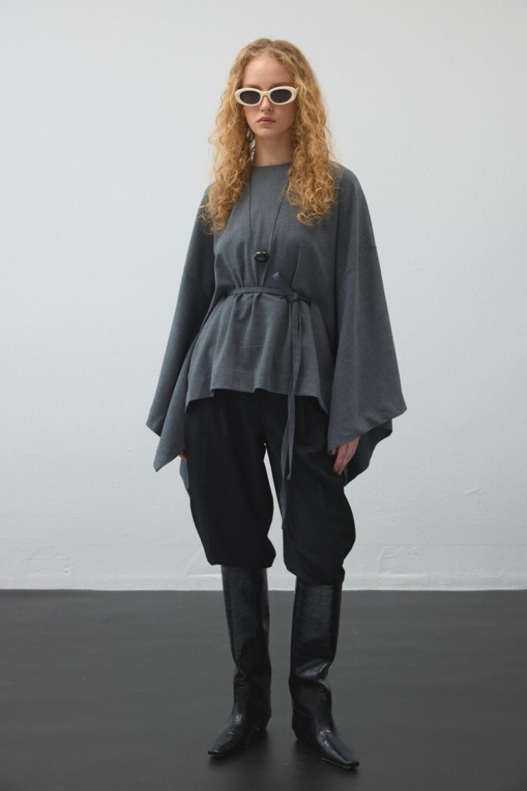 Grey Belted Cape Blouse