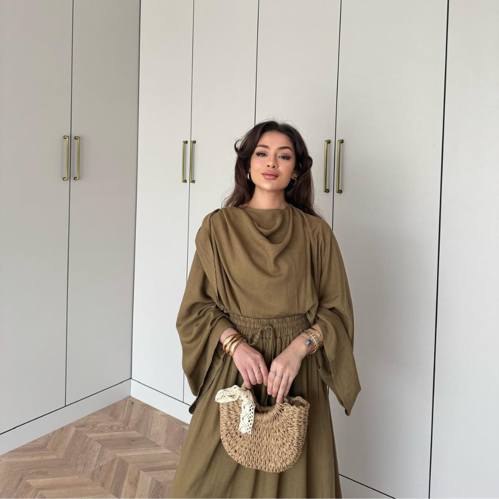 Draped Linen Scarf Detail Skirt Co-ord Olive Green